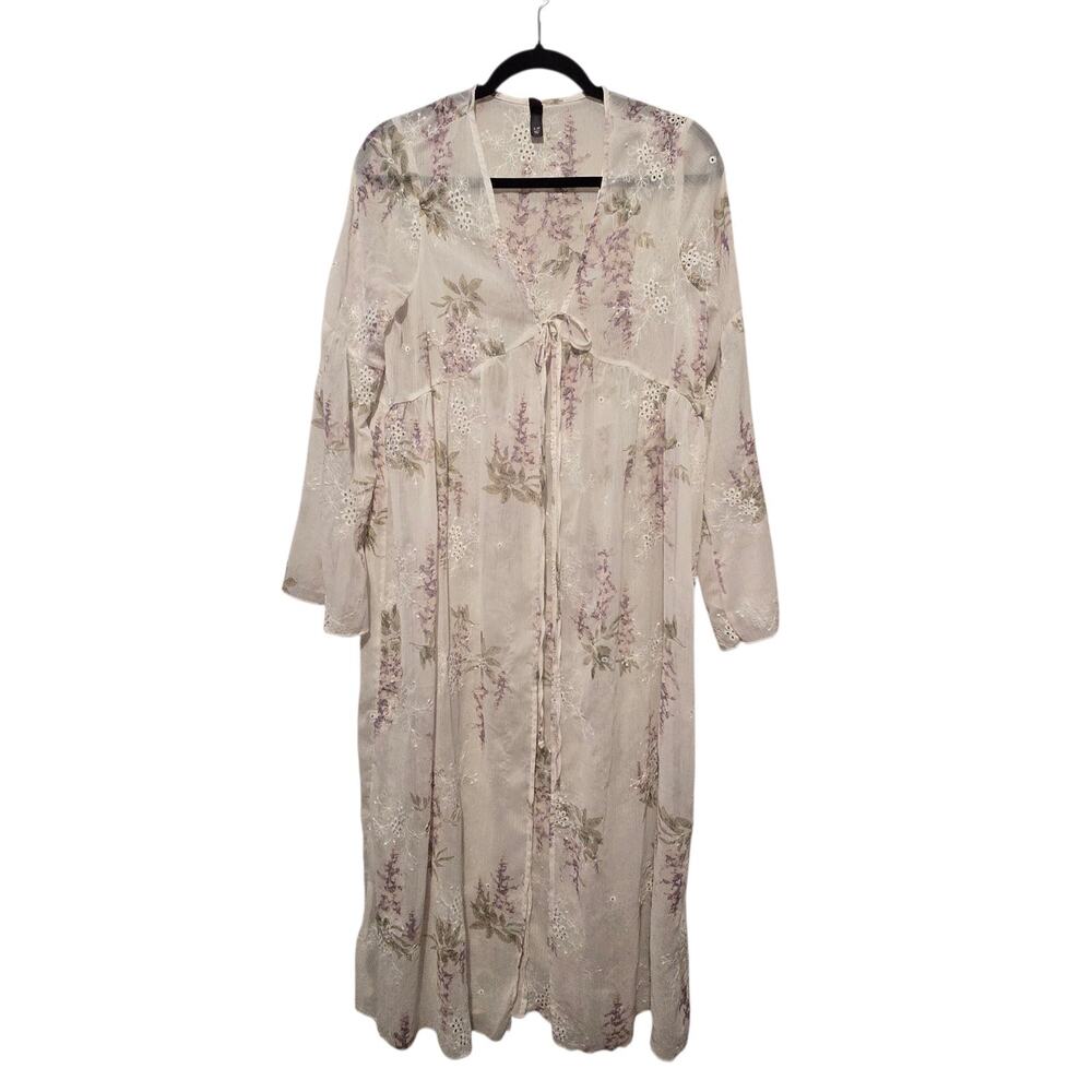 ALYA Sheer Floral Maxi Kimono Womens S M Embroidered Fairy Romantic Boho Cottage